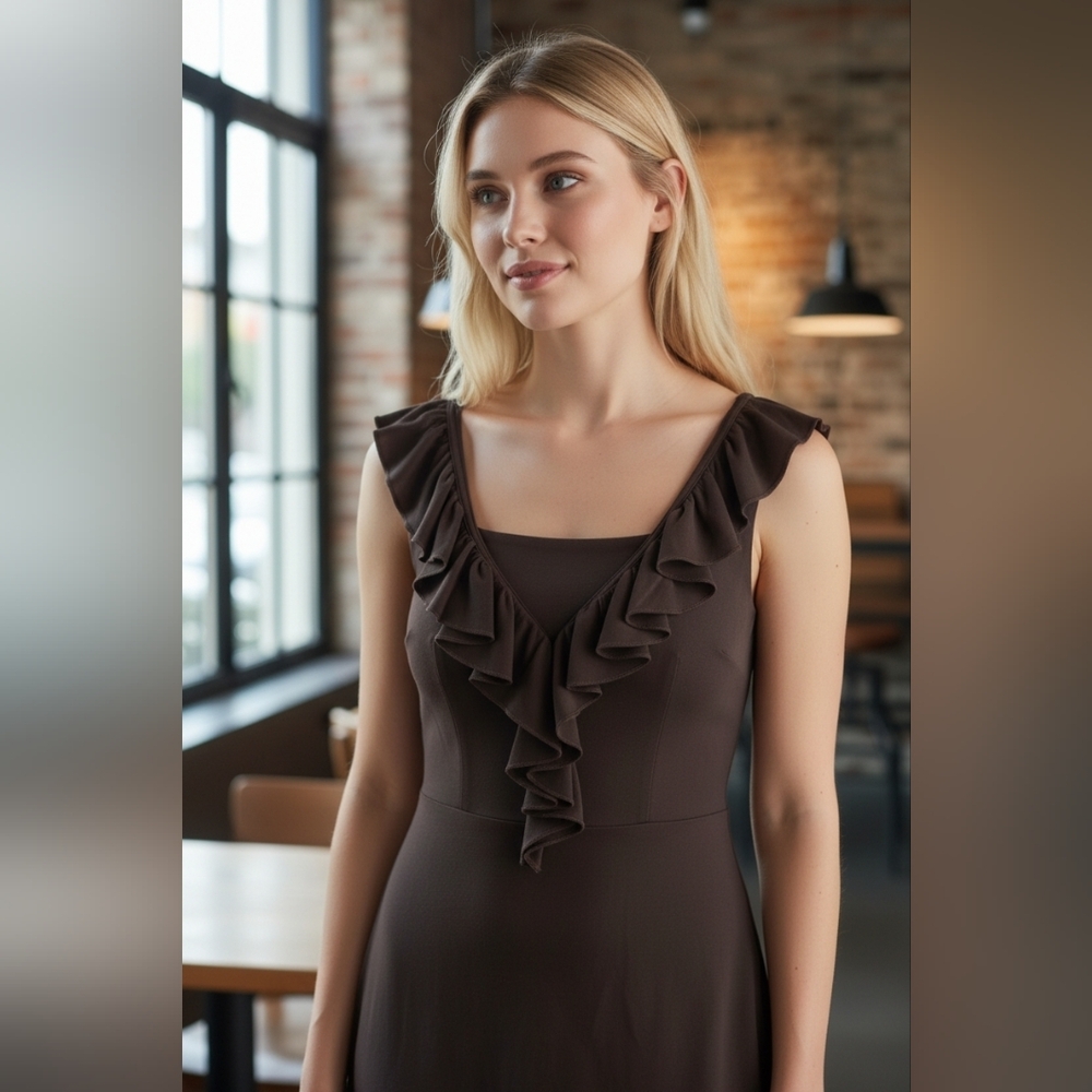 NEW Ralph Lauren Dark Brown Ruffle Dress
